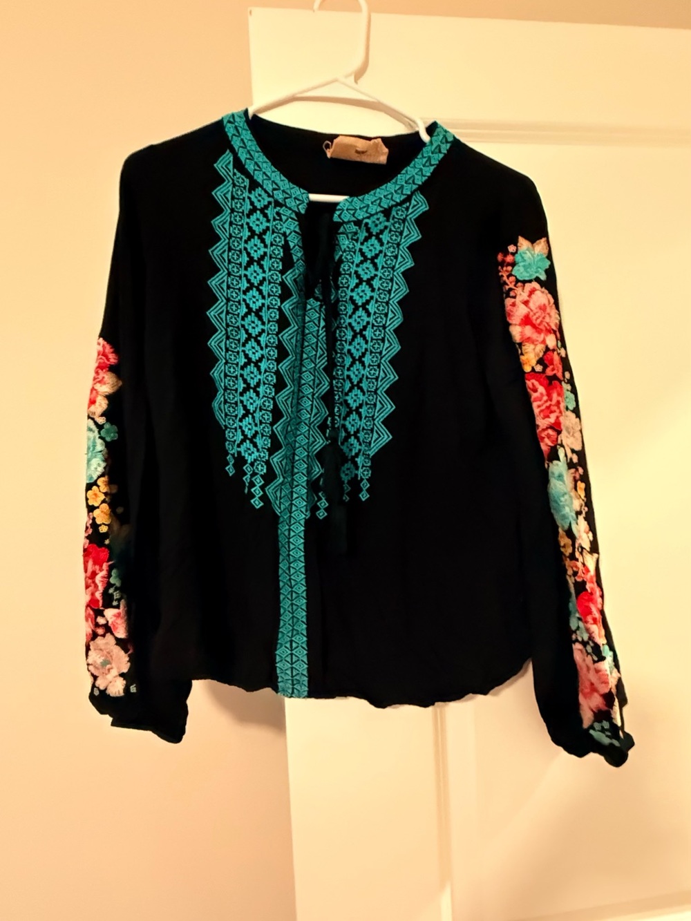 Savanna Jane Black Blouse with Turquoise Embroidery and Floral Sleeves - Picture 5 of 6